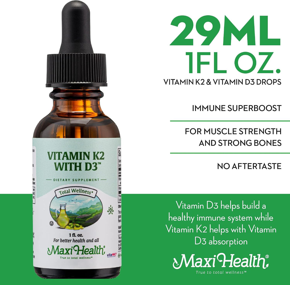 Maxi Health Liquid Vitamin D3 with K2 Drops - Vitamin K2 MK-7 and Vitamin D3 Supplement, 30 ml - görsel 4
