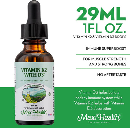 Maxi Health Liquid Vitamin D3 with K2 Drops - Vitamin K2 MK-7 and Vitamin D3 Supplement, 30 ml