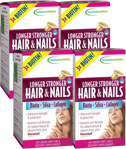 Applied Nutrition Longer Stronger Hair & Nails - Biotin, Silica & Collagen Liquid Soft-Gels - 180 Servings