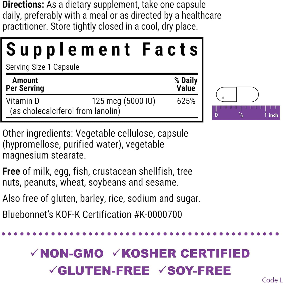 Bluebonnet Nutrition Vitamin D3 5000 IU - 60 Vegetable Capsules - görsel 2