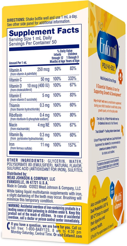 Enfamil Poly-Vi-Sol with Iron Liquid Multivitamin Drops, Supports Growth & Development, 50mL (Pack of 3)