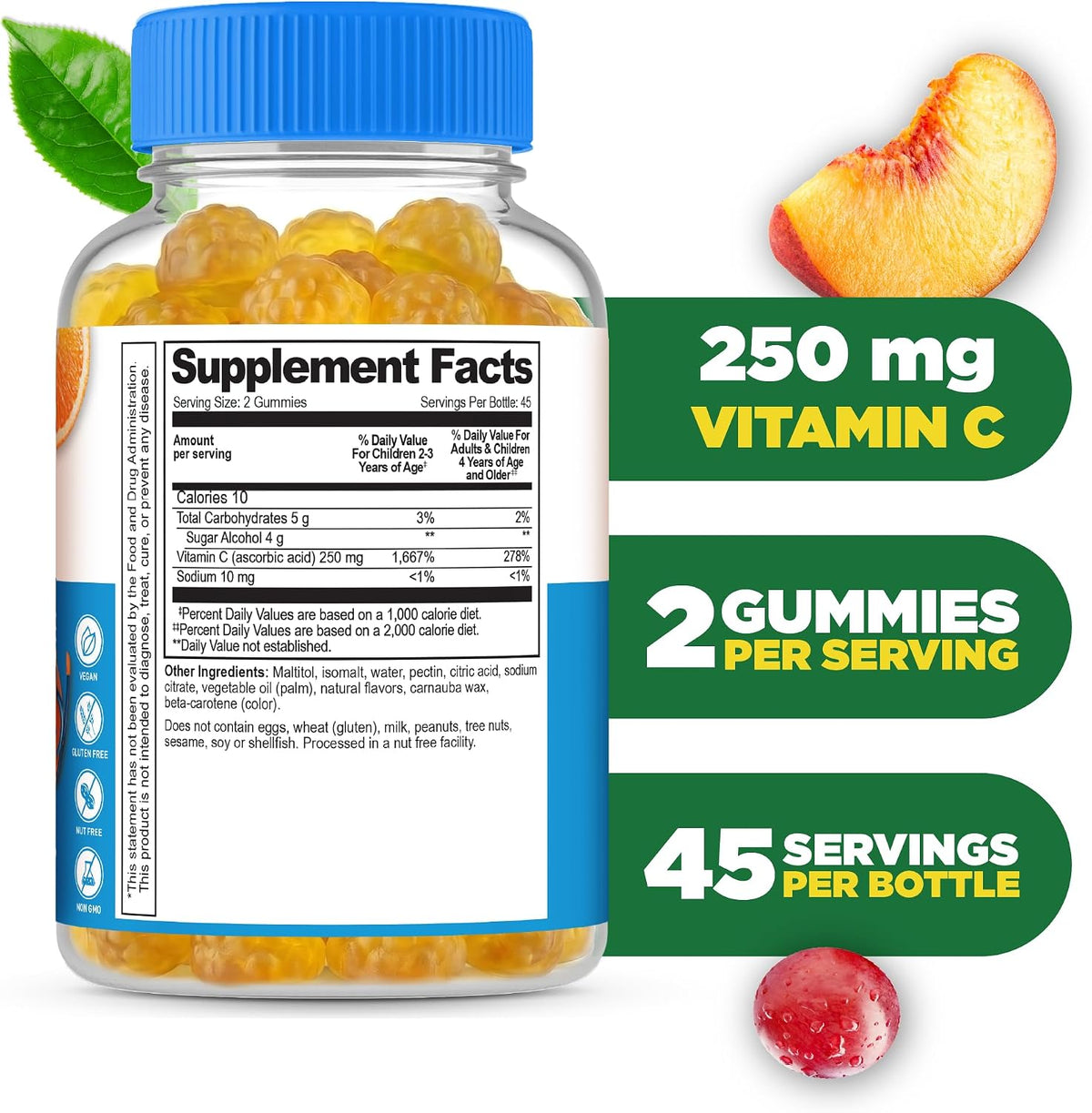 Lifeable Sugar Free Vitamin C Gummies – 250mg – Natural Orange Flavour – Immune Support – 90 Gummies - görsel 2