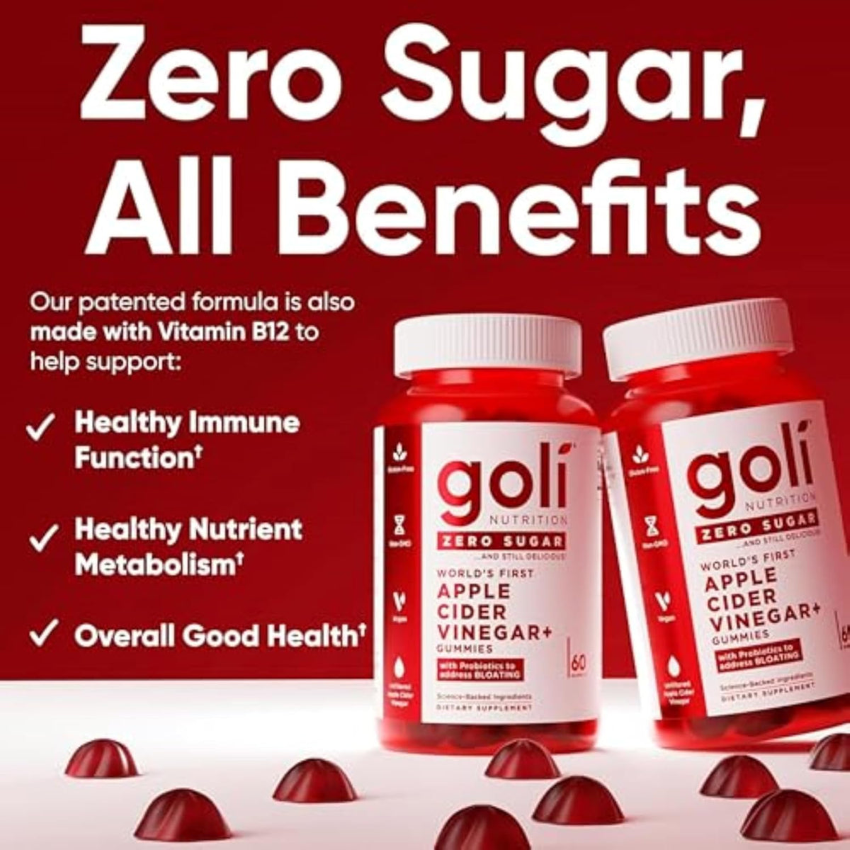 Goli Zero Sugar Apple Cider Vinegar Gummies - ACV with Vitamin B12 and Probiotics - No Sugar Alcohols - Vegan, Keto-Friendly, Gluten-free - görsel 6