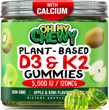 OH MY CHEWY Centre-Filled Vitamin D3 K2 & Calcium Gummies - 5000 IU D3, 120 mcg K2 (MK-7), 120 mg Calcium - Vegan & Non-GMO - 120 Count