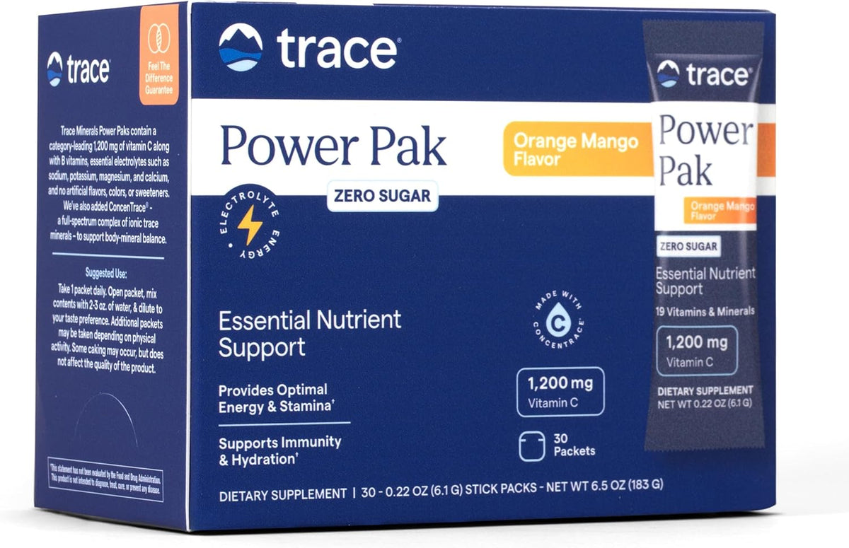 Trace Minerals Power Pak Multivitamin and Multimineral Packets - Electrolyte Support - 1200 mg Vitamin C plus 70+ Trace Minerals - Sugar Free - Orange Mango - 30 Packets - görsel 1