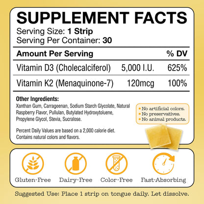 Vitamin D3 K2 Supplement 5000 IU - Fast-Absorbing Oral Strips for Bone and Immune Support