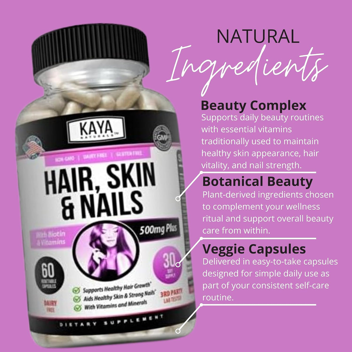 Kaya Naturals Hair, Skin & Nail Capsules – Biotin, Vitamin D, B12, A, Folic Acid Food Supplement – Image 5