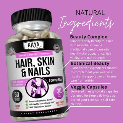 Kaya Naturals Hair, Skin & Nail Capsules – Biotin, Vitamin D, B12, A, Folic Acid Food Supplement – Image 5