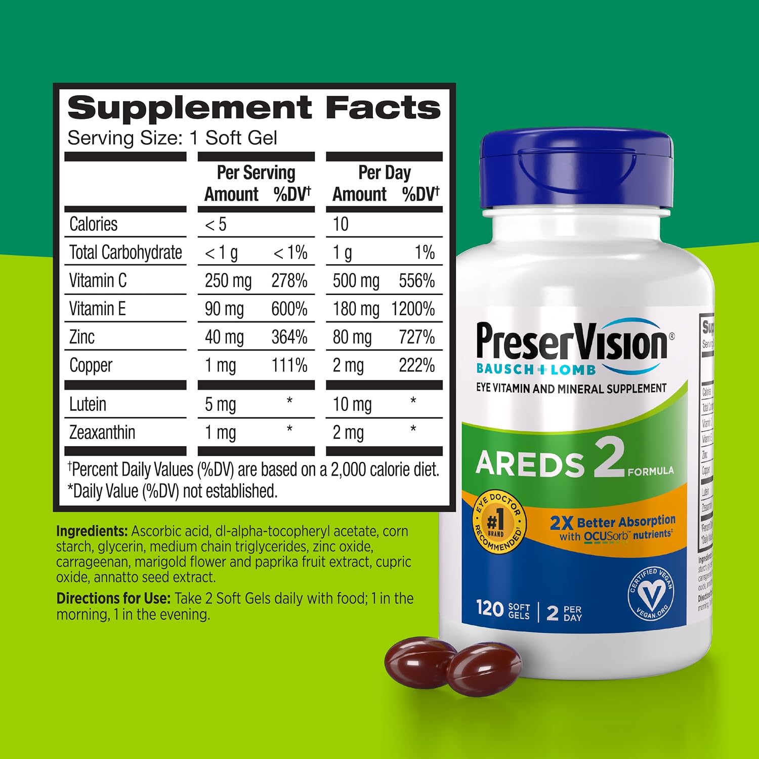 PreserVision AREDS 2 Eye Vitamin & Mineral Supplement with OCUSorb, 120 Vegan Soft Gels - görsel 5