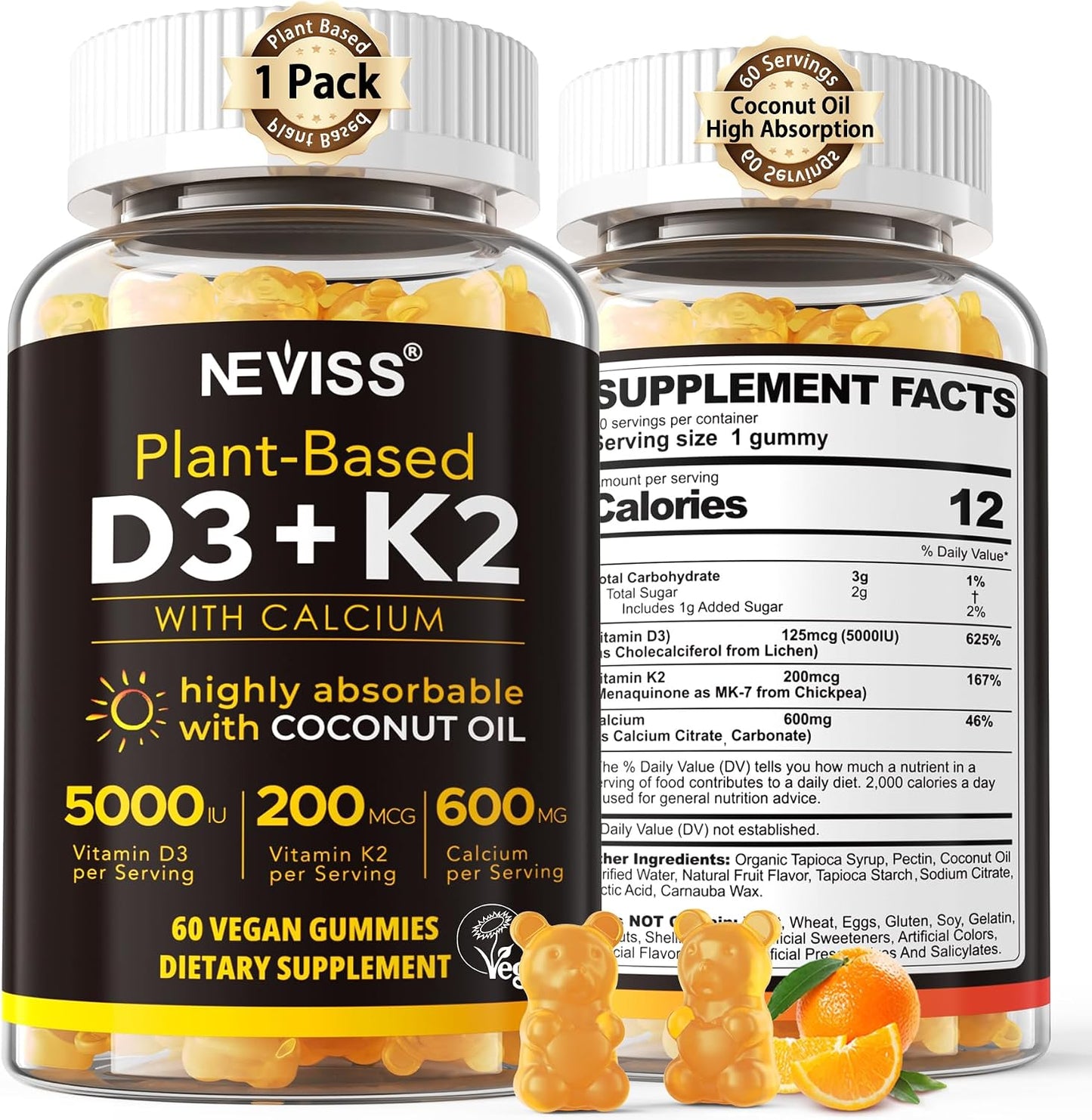 NEVISS Vitamin D3 K2 Bear Gummies - 5000 IU D3, 200 µg K2 MK-7, 600 mg Calcium - Vegan, Gluten-free, 60 Gummies - görsel 1
