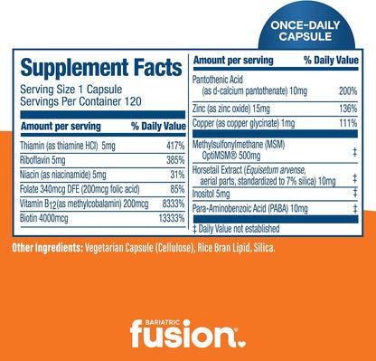 Bariatric Fusion ONE Per Day Hair, Skin and Nails Vitamins REJUVENATOR – Vegan Hair Growth Vitamins with Biotin, Vitamin B12 and B1 – Easy to Swallow – 120 Capsules