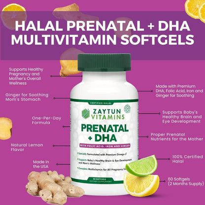 Zaytun Vitamins Halal Prenatal Vitamins + DHA - 60 Softgels (2 Months' Supply)