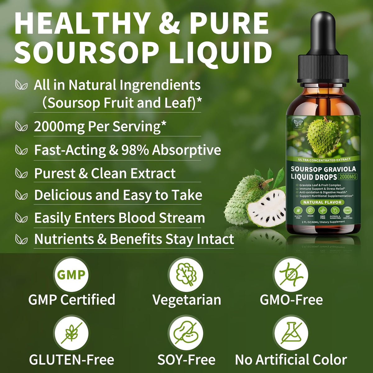 Soursop Graviola Liquid Drops 2000mg, Organic Soursop Extract - 98% Absorption, Sugar & Gluten-free, Natural Flavour, 60 ml - görsel 3