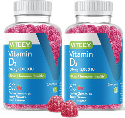 Viteey Vitamin D3 Gummies for Adults & Teens - 2,000 IU, 50mcg - Regular Strength - Chewable Vitamin D Gummies - Vegetarian, Gelatine Free - 120 Count