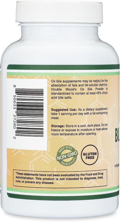 Double Wood Ox Bile Food Supplement - 1,000mg Per Serving (500mg per Capsule, 120 Capsules) - Standardised to 45% Cholic Acid Bile Salts