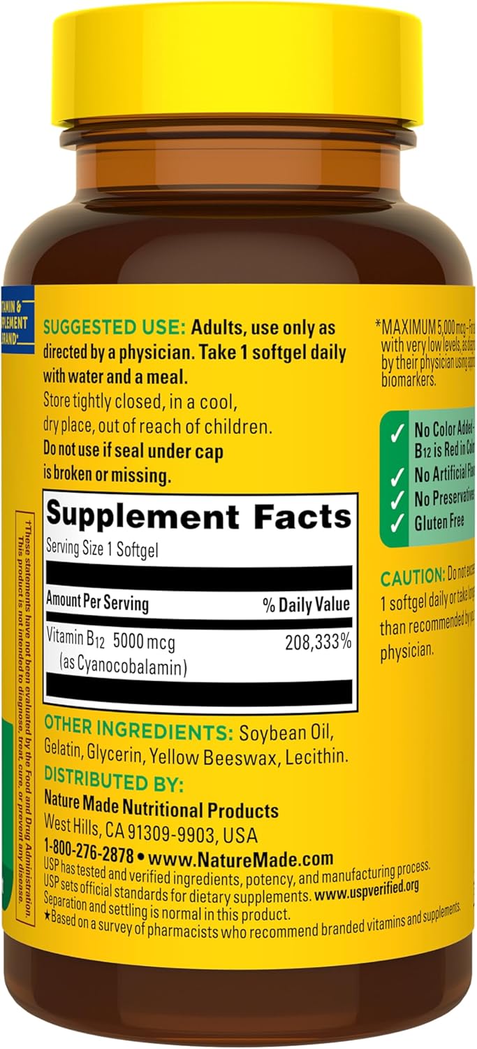 Nature Made Maximum Strength Vitamin B12 5000 mcg, 60 Softgels - görsel 9