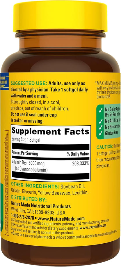 Nature Made Maximum Strength Vitamin B12 5000 mcg, 60 Softgels