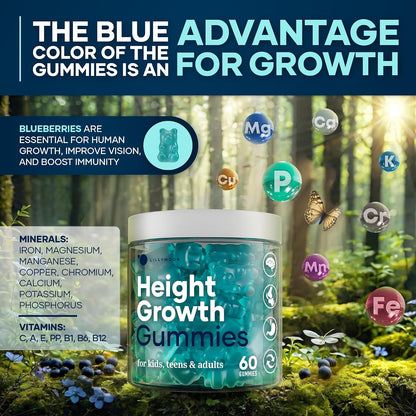 Height Growth Gummies Multivitamins – Natural Height Support Supplement with Calcium, Zinc, K2, D3, Magnesium – Bone Health Support for Adults and Children