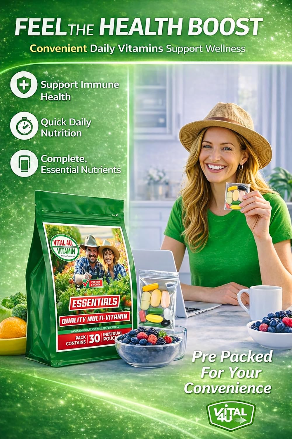 VITAL 4U Vitamin Essentials Daily Multivitamin Packs for Men and Women, 30 Servings | Essential Vitamins, Minerals, Immune Support and Energy Metabolism Support - görsel 4