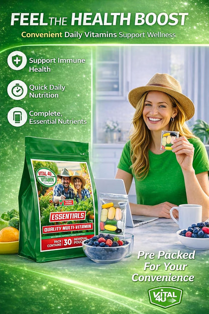 VITAL 4U Vitamin Essentials Daily Multivitamin Packs for Men and Women, 30 Servings | Essential Vitamins, Minerals, Immune Support and Energy Metabolism Support