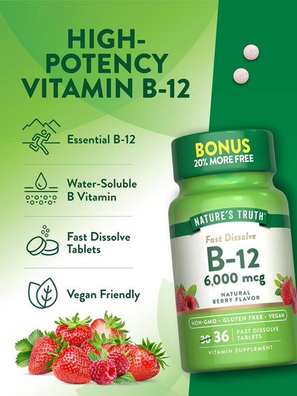 Nature's Truth Vitamin B12 6000 mcg – Methylcobalamin Fast Dissolve Tablets, Natural Berry Flavour (36 Count)