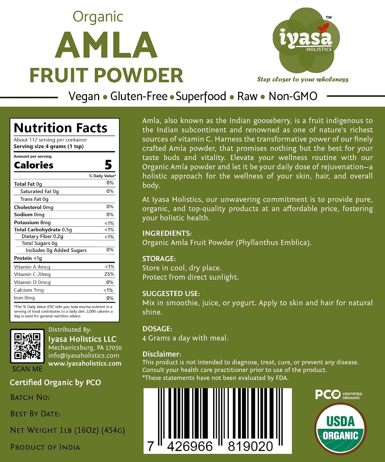 Iyasa Holistics Organic Amla Powder 454g (16 oz) - USDA Certified Organic Indian Gooseberry Superfood - görsel 2