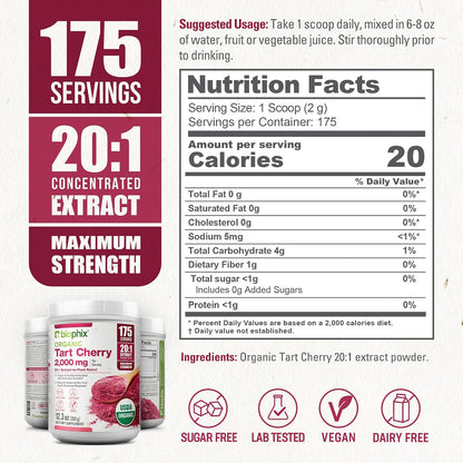 biophix Organic Tart Cherry Powder - 20:1 Extract, 350 g - Antioxidant-Rich Superfood - Supports Heart & Digestive Health - Natural Flavour - No Added Sugar