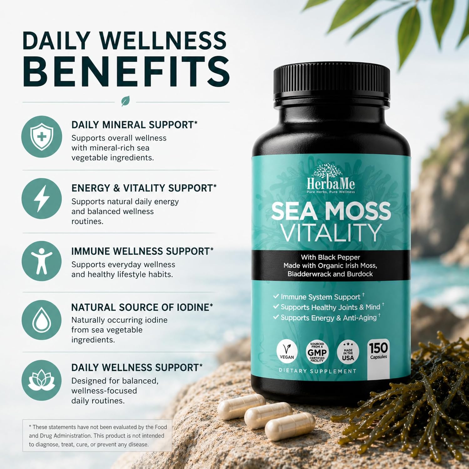 Organic Sea Moss Supplement with Bladderwrack & Burdock Root – Irish Moss with Black Pepper Extract, Daily Mineral Support for Energy & Wellness, 150 Capsules - görsel 3