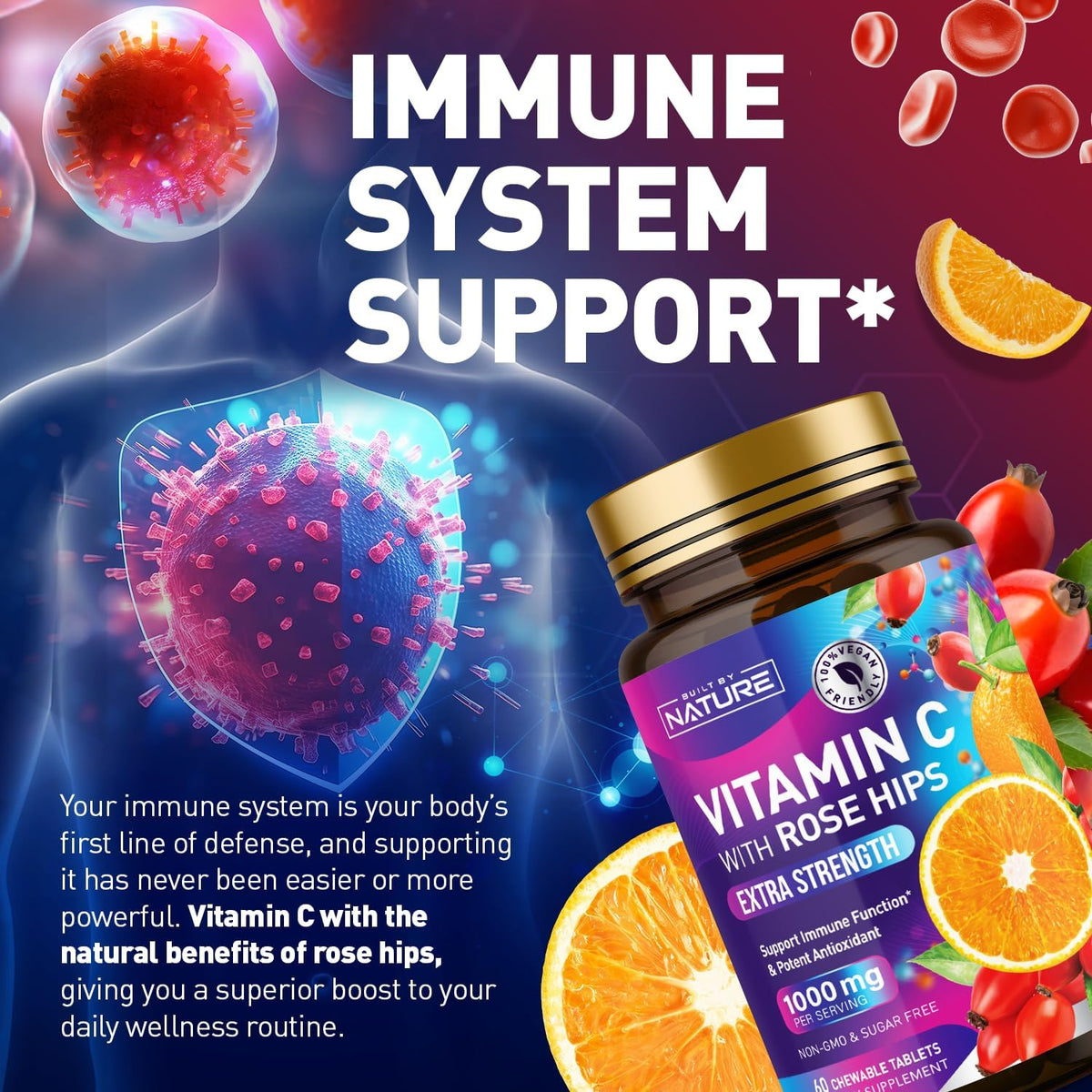 Built by Nature Chewable Vitamin C with Rose Hips – 1000mg Immune Support – Orange Flavour – 60 Tablets - görsel 4
