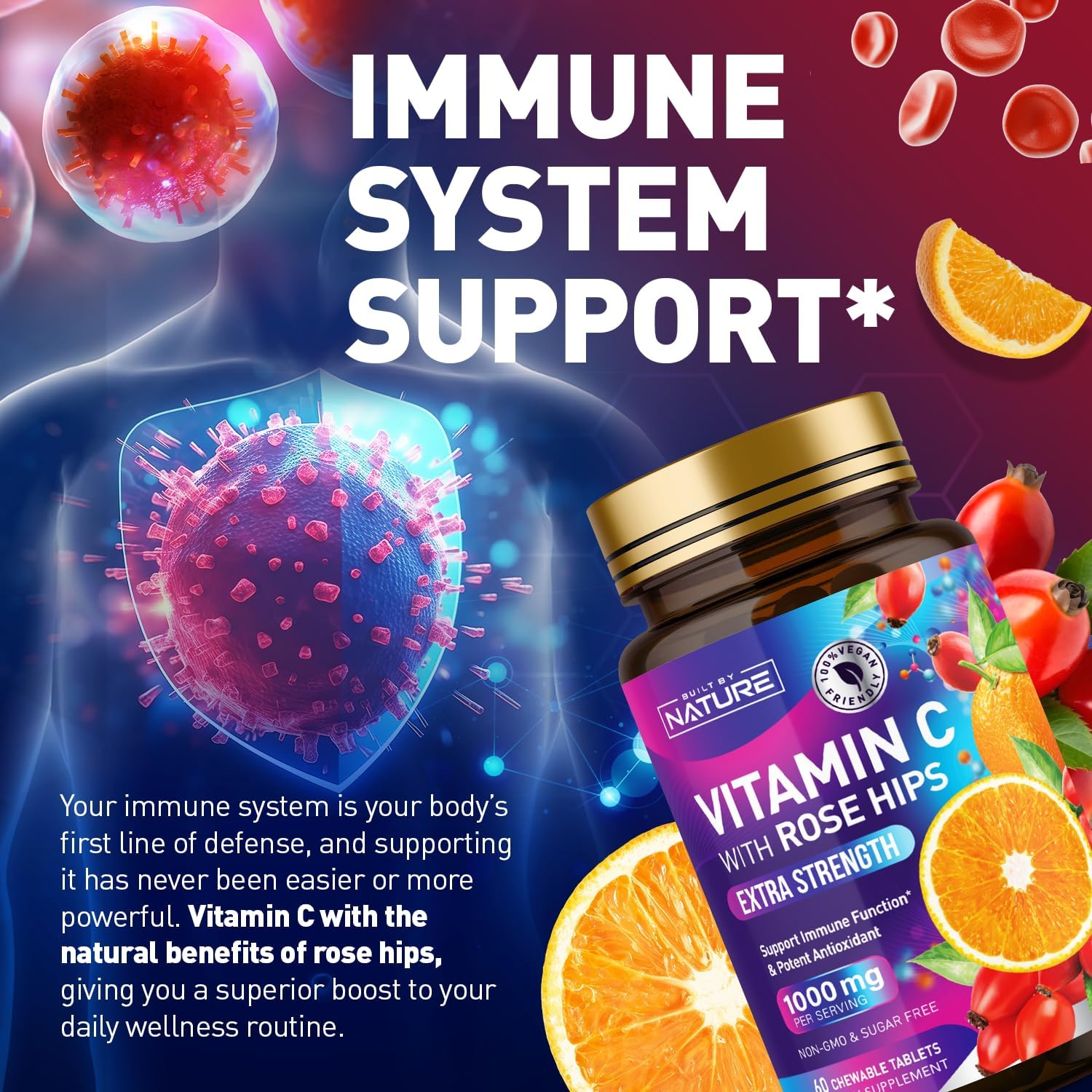 Built by Nature Chewable Vitamin C with Rose Hips – 1000mg Immune Support – Orange Flavour – 60 Tablets - görsel 4