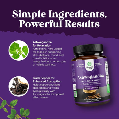 Ashwagandha Root Powder Capsules 1300 mg – Premium Relaxation & Sleep Supplement – Calming Energy for Women and Men – 60 Count