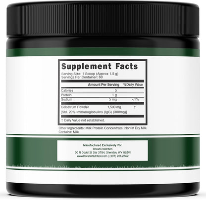 Colostrum Supplement Powder 90g (60 Servings of 1.5g Pure Bovine Colostrum Std. to Contain 20% IgG Immunoglobulins) Grass Fed Powder - No Fillers, Third-party Tested, Unflavoured & Non-GMO