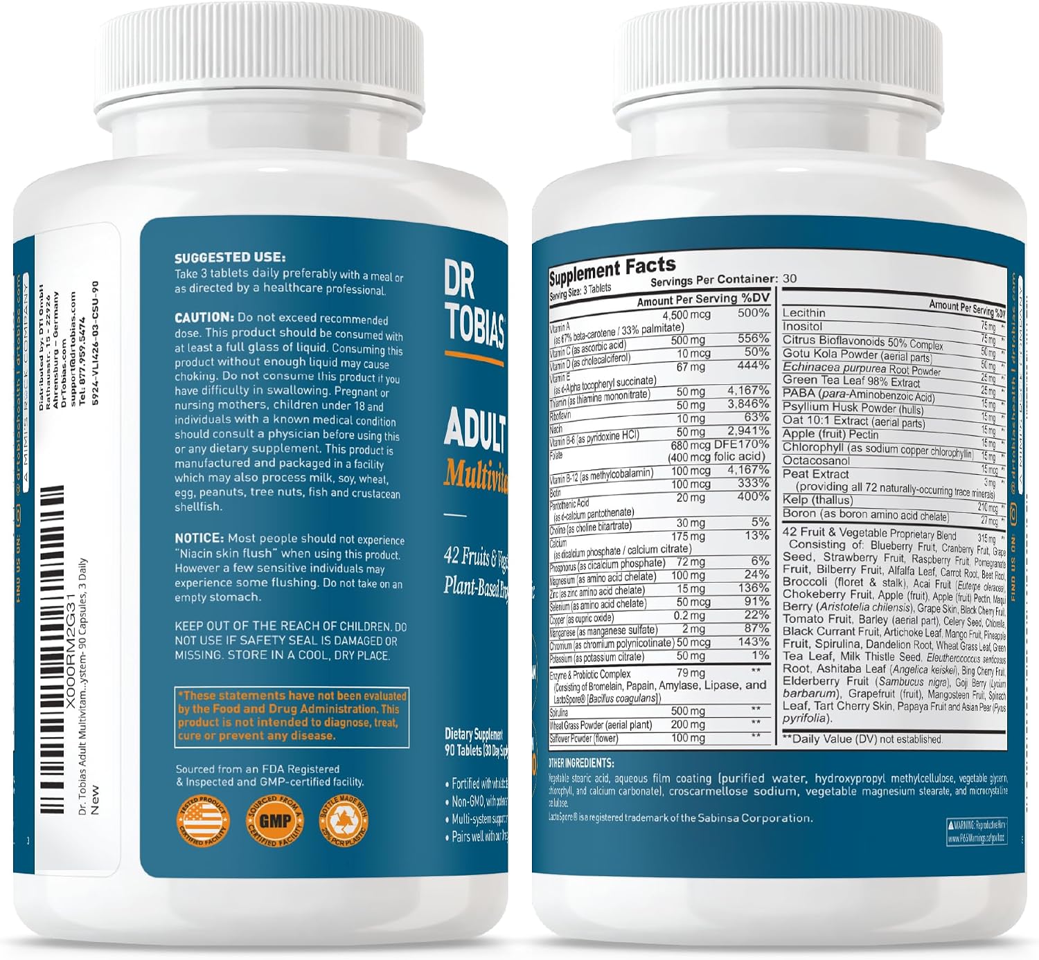 Dr. Tobias Adult Multivitamin for Women & Men – Immune Supporting Vitamins from 42 Fruits, Vegetables, Plus Probiotics, Vegan, Non-GMO (90 Tablets) - görsel 7