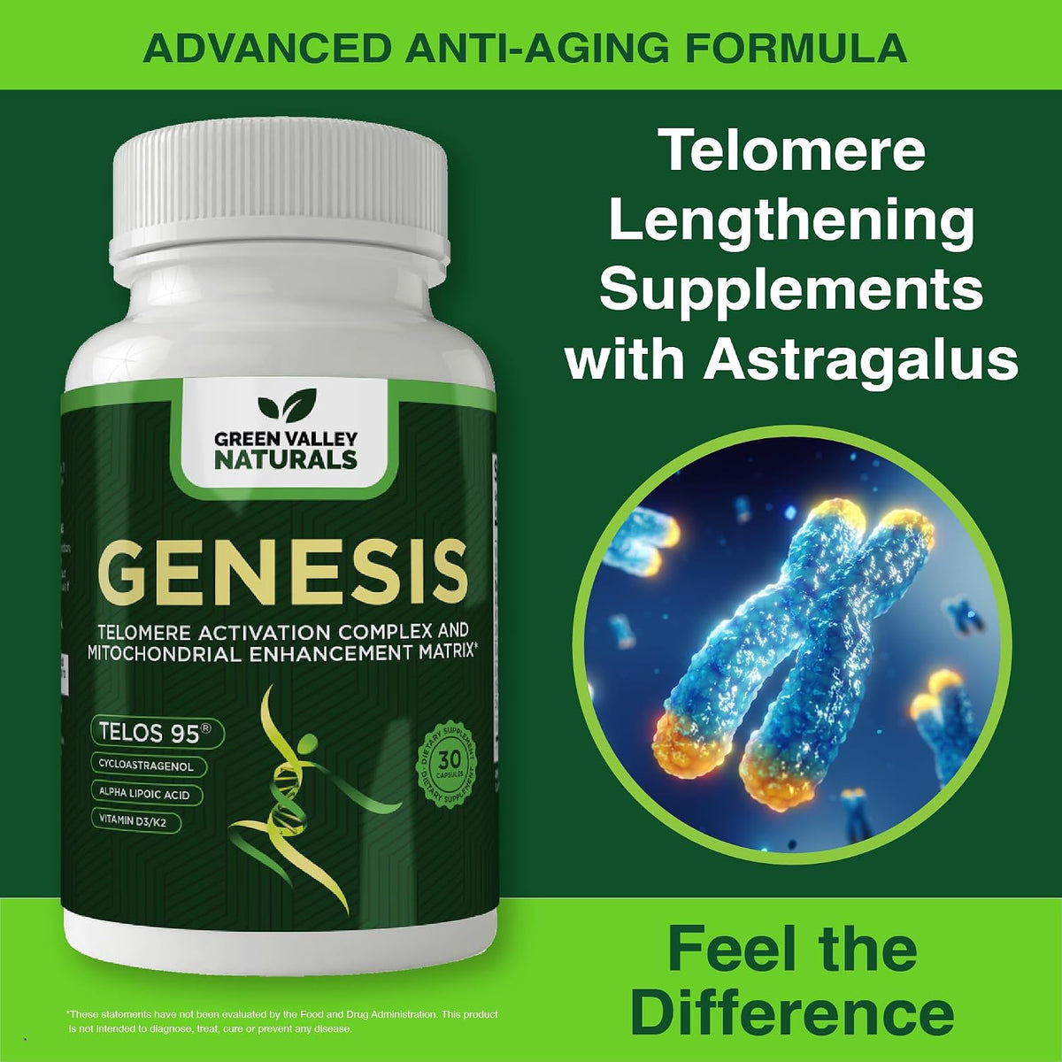 Genesis Telomere Length Supplement – Telos95® Astragalus Extract with CoQ10, D3, K2, ALA & Grape Seed | 30 Veg Capsules - görsel 2