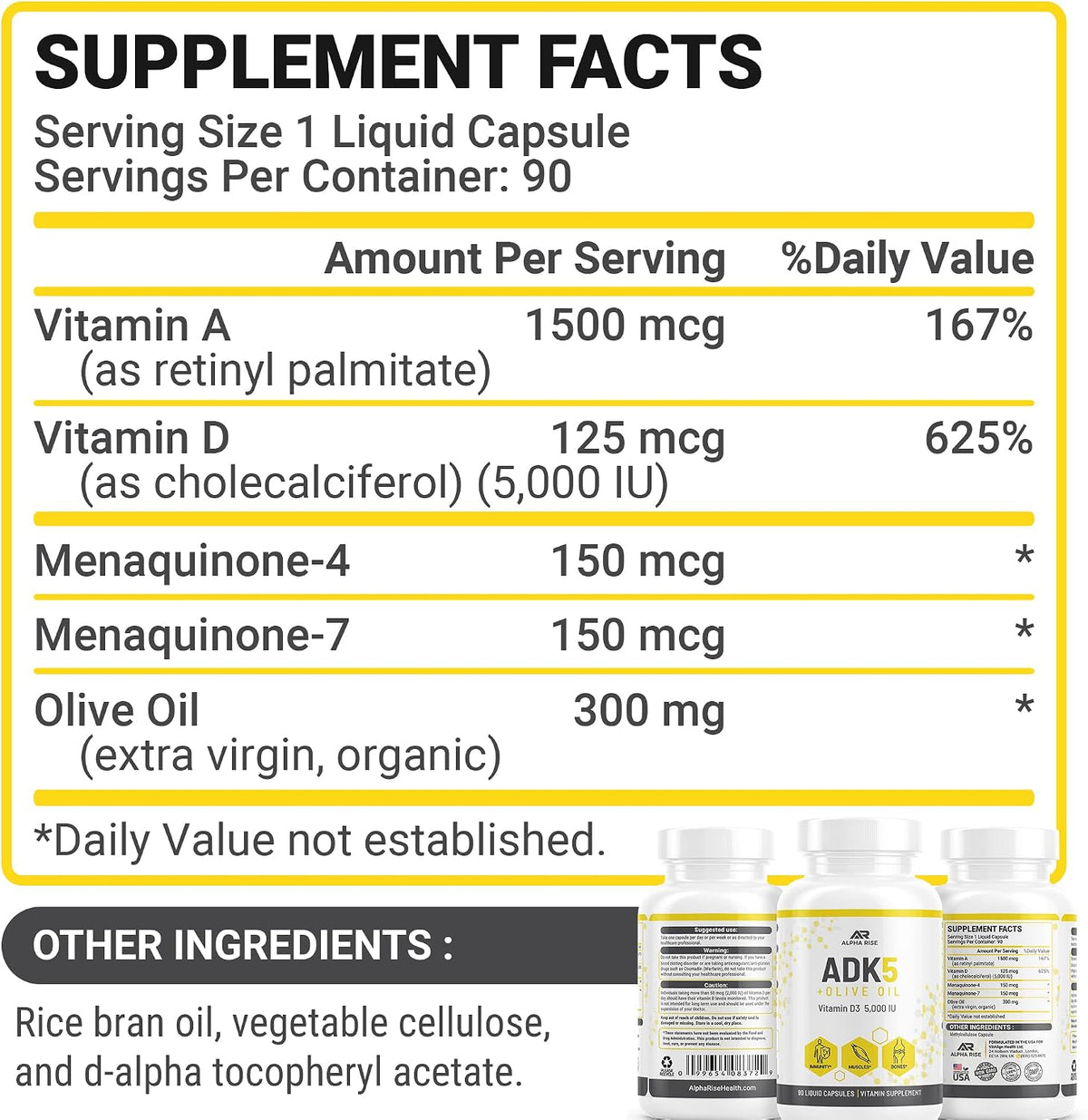 ALPHA RISE ADK Vitamin Supplement - 5000 IU Vitamin D3 + K2 (MK7 & MK4) with Olive Oil - 90 Liquid Capsules - Non-GMO, Vegetarian - görsel 9
