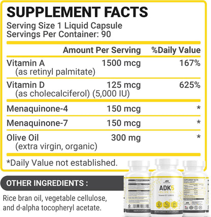 ALPHA RISE ADK Vitamin Supplement - 5000 IU Vitamin D3 + K2 (MK7 & MK4) with Olive Oil - 90 Liquid Capsules - Non-GMO, Vegetarian