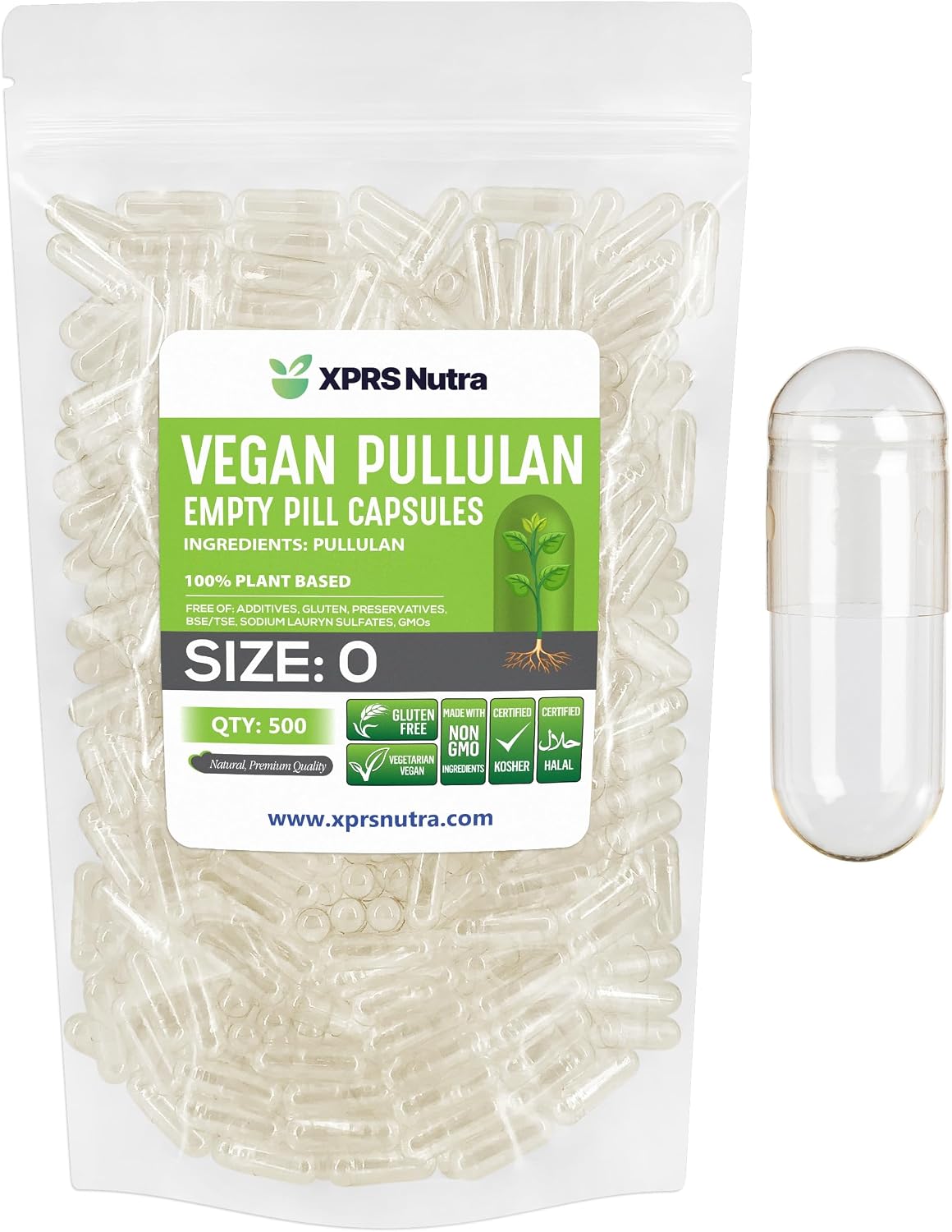 XPRS Nutra Size 0 Pullulan Empty Capsules – 500 Count Vegan Plant-Based Capsules - görsel 1