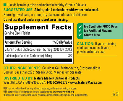 Nature Made Vitamin D3 2000 IU (50 mcg), Vitamin D Supplement for Bone, Muscle and Immune Health Support, 220 Tablets