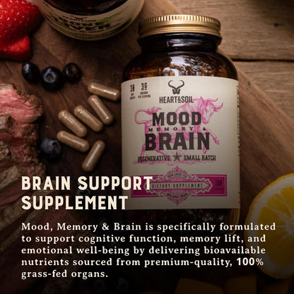 Heart & Soil Grass Fed Beef Brain Supplement – 3000mg, 180 Capsules