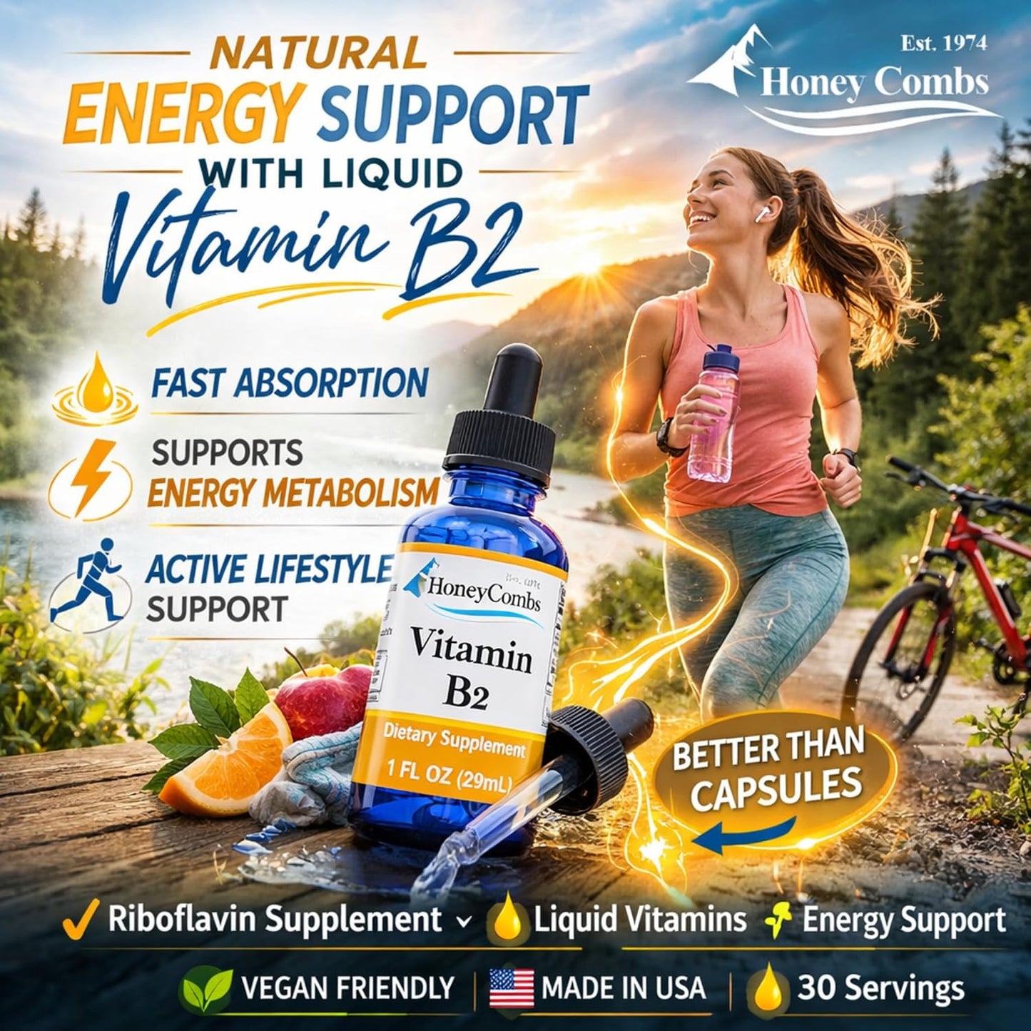 HoneyCombs Vitamin B2 Liquid Drops – High Potency Riboflavin Supplement – Alcohol Free, Vegan – 30 ml - görsel 3