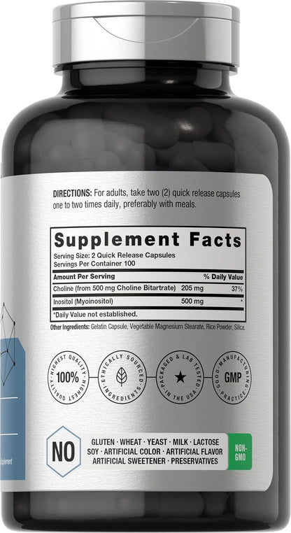 Horbaach Choline Inositol 1000mg Food Supplement | 200 Capsules | Non-GMO, Gluten-free