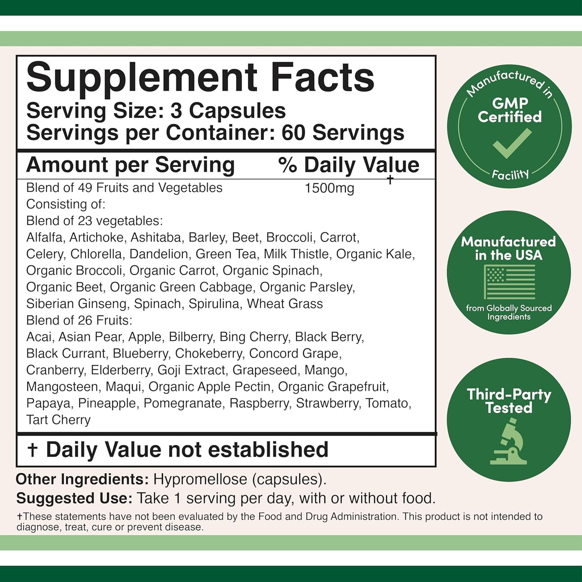 Fruits and Veggies Supplement (Daily Blend of 49 Different Fruits and Vegetables, 23 Veggies and 29 Fruits) 1,500mg Servings, 180 Capsules (No Fillers, Vegan Safe, Non-GMO) by Double Wood - görsel 2