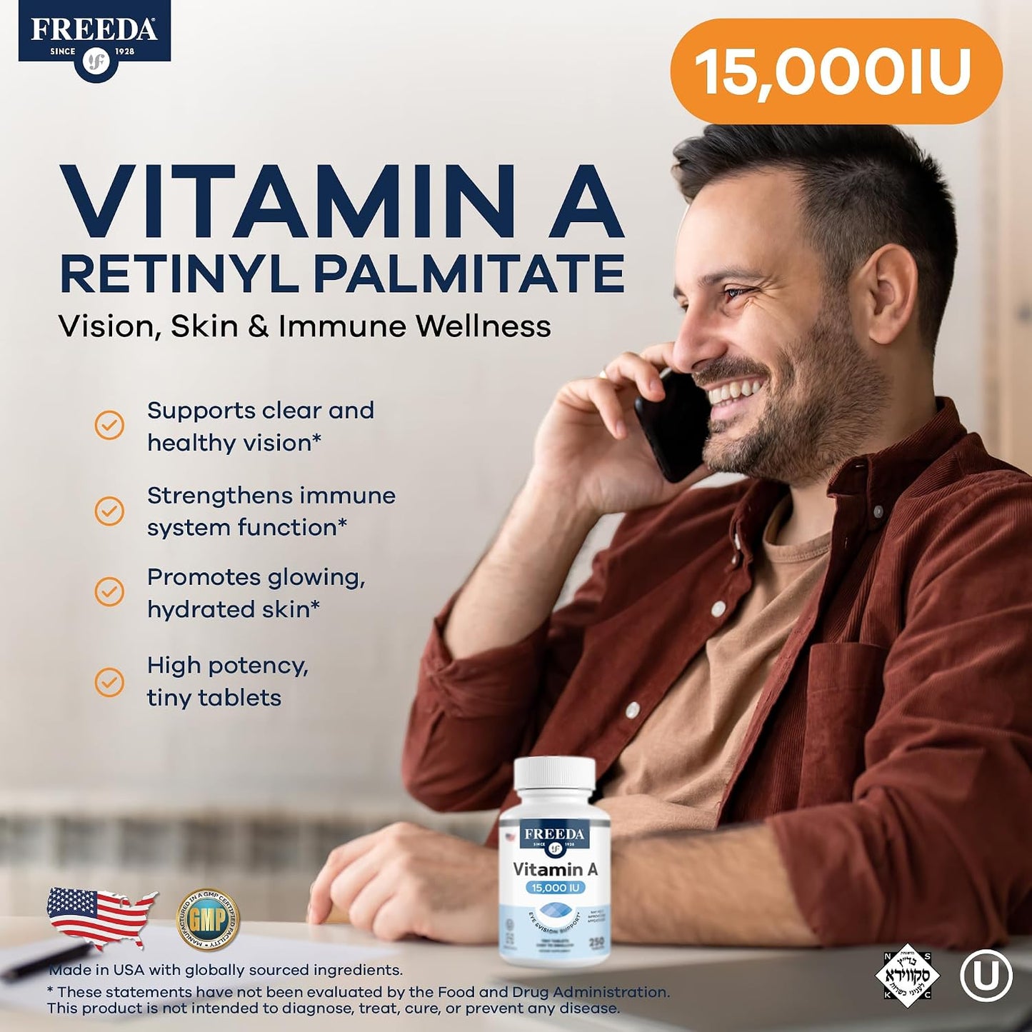 Freeda Vitamin A 15,000 IU – Retinyl Palmitate – Vegan, Kosher – 250 Tablets - görsel 2