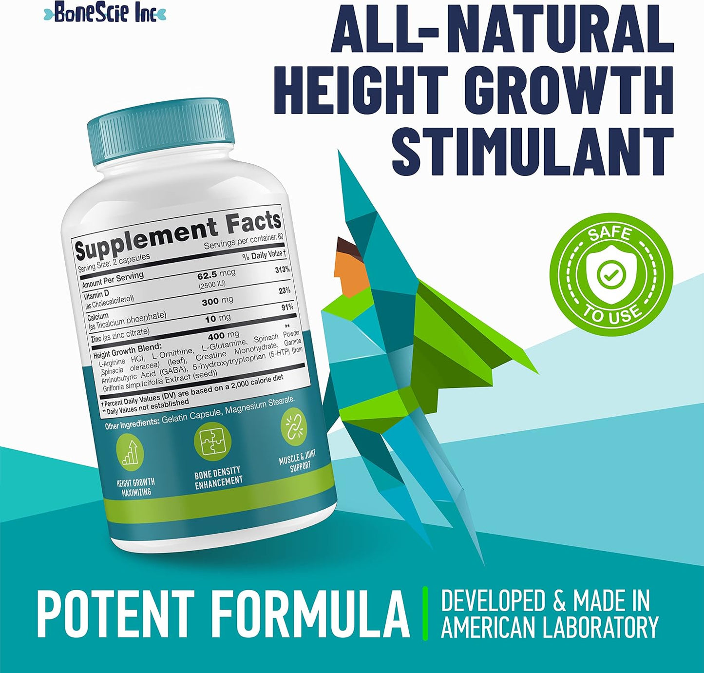 Height Growth Maximiser – Kids & Teens Bone Development Supplement with Calcium, Vitamin D3 & Zinc – 120 Capsules - görsel 2