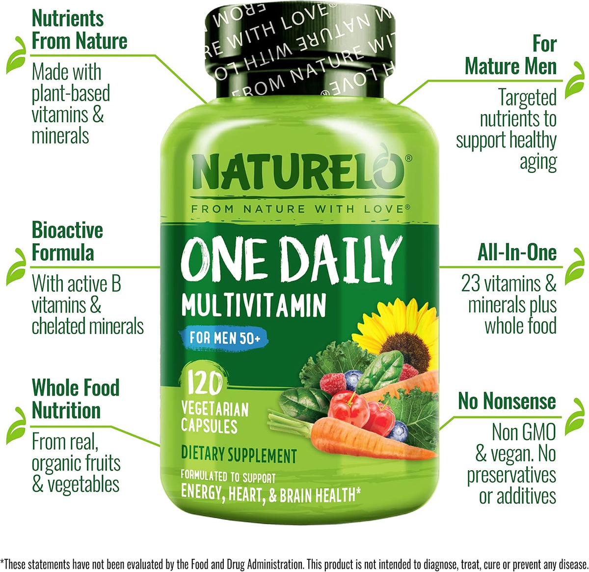 NATURELO Men's Multivitamin for Men 50+ - One Daily Multivitamin with Vitamins, Minerals & Organic Whole Foods, Boosts Energy & Health, Non-GM, 120 Vegetarian Capsules - görsel 4
