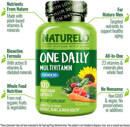 NATURELO Men's Multivitamin for Men 50+ - One Daily Multivitamin with Vitamins, Minerals & Organic Whole Foods, Boosts Energy & Health, Non-GM, 120 Vegetarian Capsules
