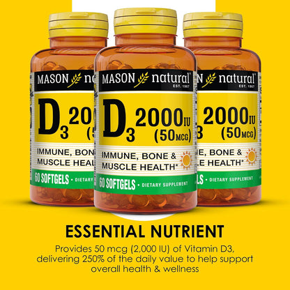 MASON NATURAL Vitamin D3 2,000 IU High Strength – Supports Bone Density, Strength and Immune Health, 60 Softgels (Pack of 3)
