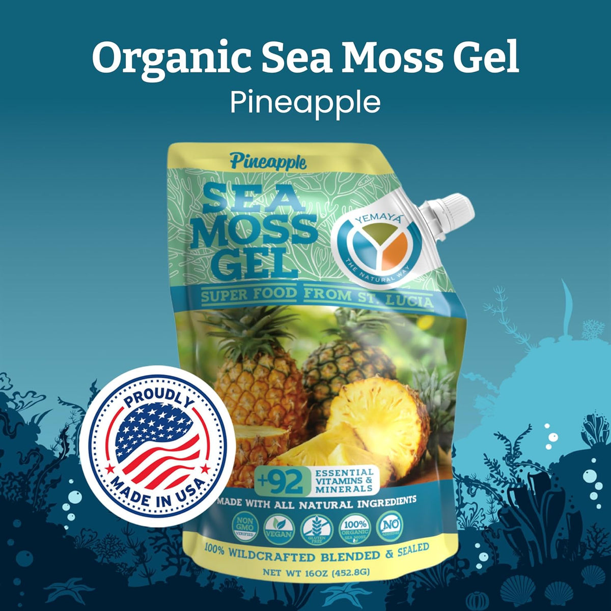 Yemayá Organic Sea Moss Gel with Pineapple Flavour, Wildcrafted Seamoss Gel from St. Lucia, Vegan, Non-GMO, Gluten-free | 16 oz (454 g) - görsel 2