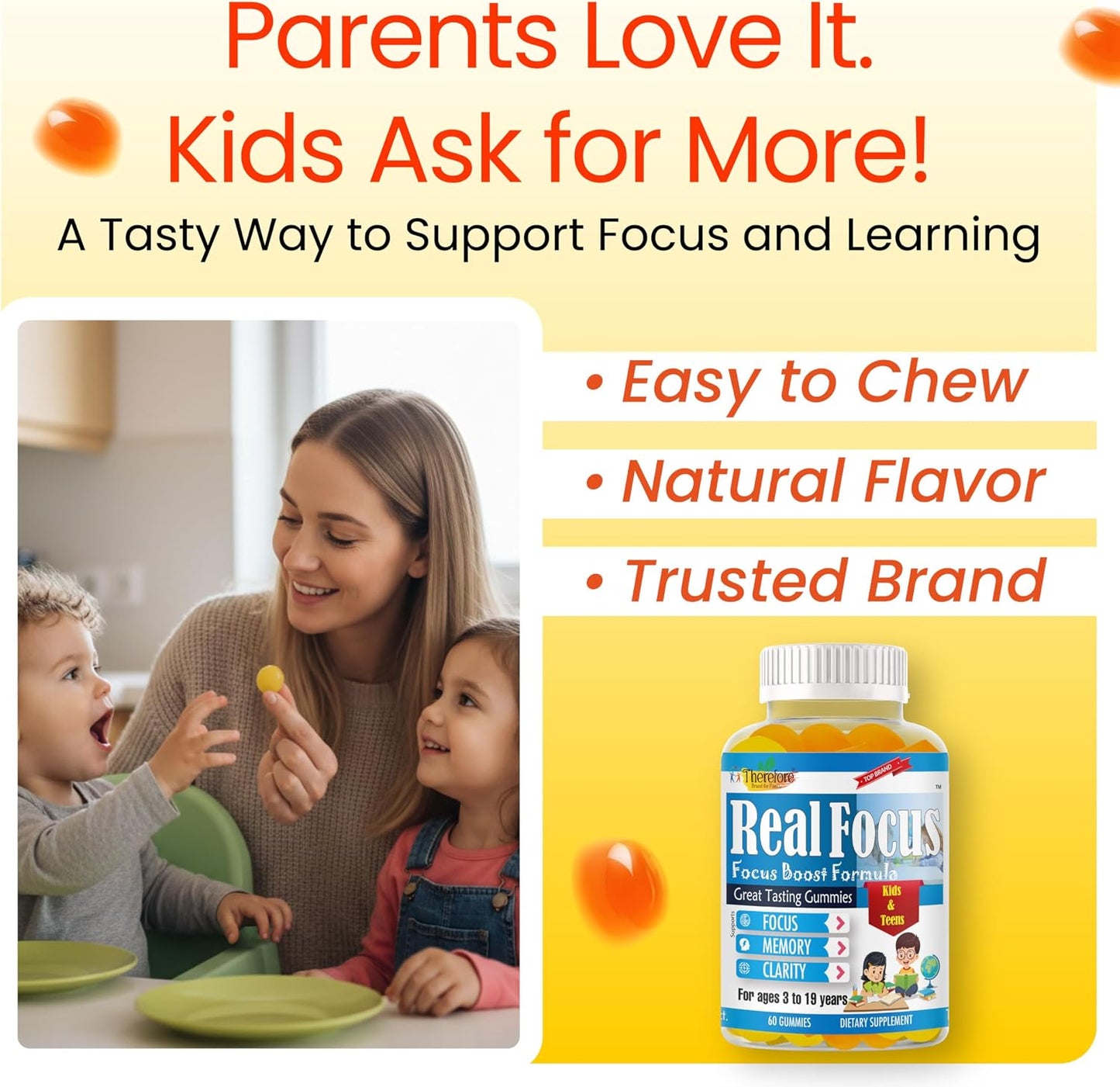 Real Focus Omega 3 for Kids – DHA Gummies for Attention, Memory & Concentration, Orange Flavour, Non-GMO (60 Count) - görsel 6
