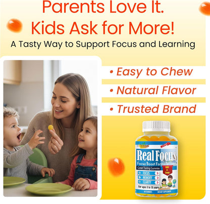 Real Focus Omega 3 for Kids – DHA Gummies for Attention, Memory & Concentration, Orange Flavour, Non-GMO (60 Count)